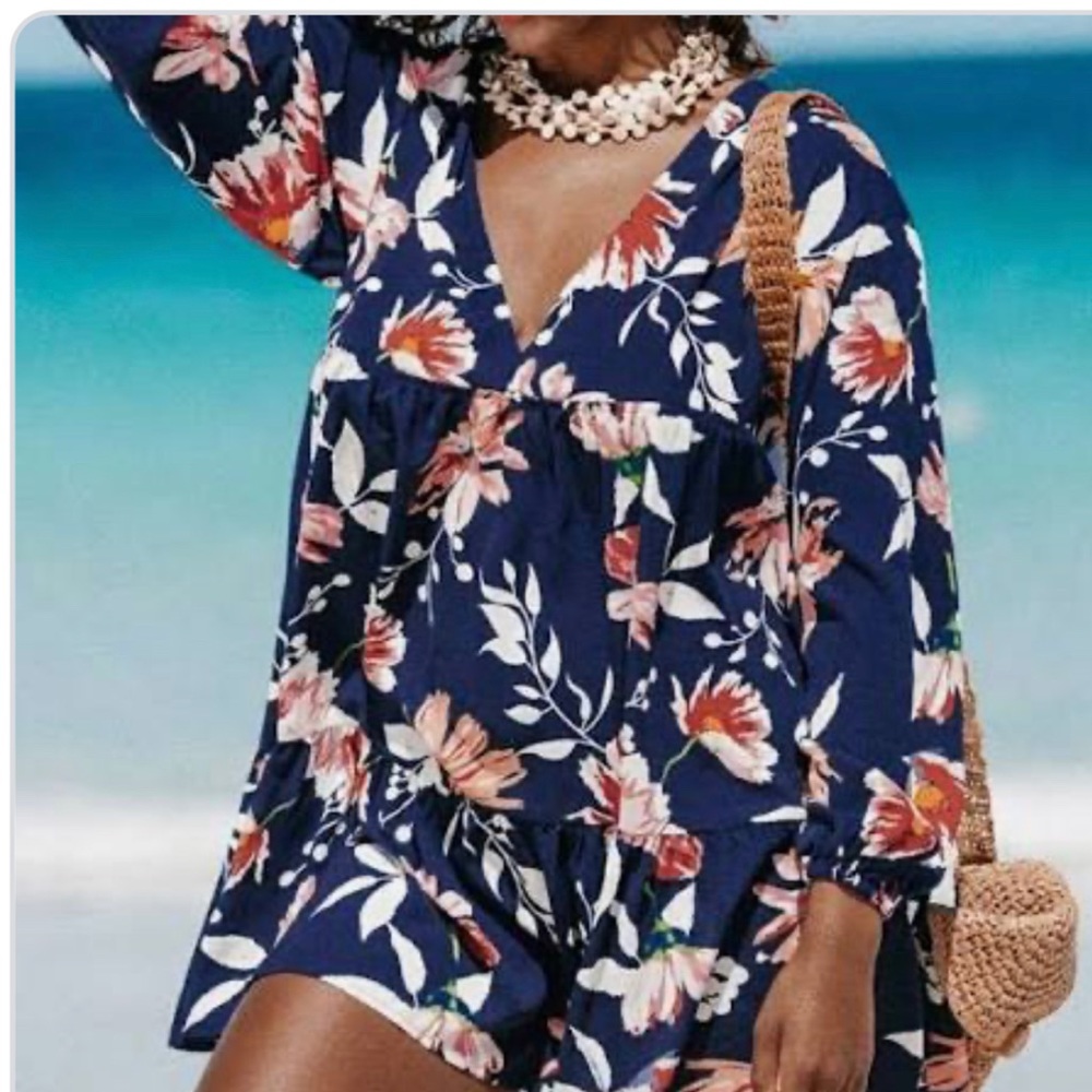 Cupshe Navy Floral V-Neck Mini Dress